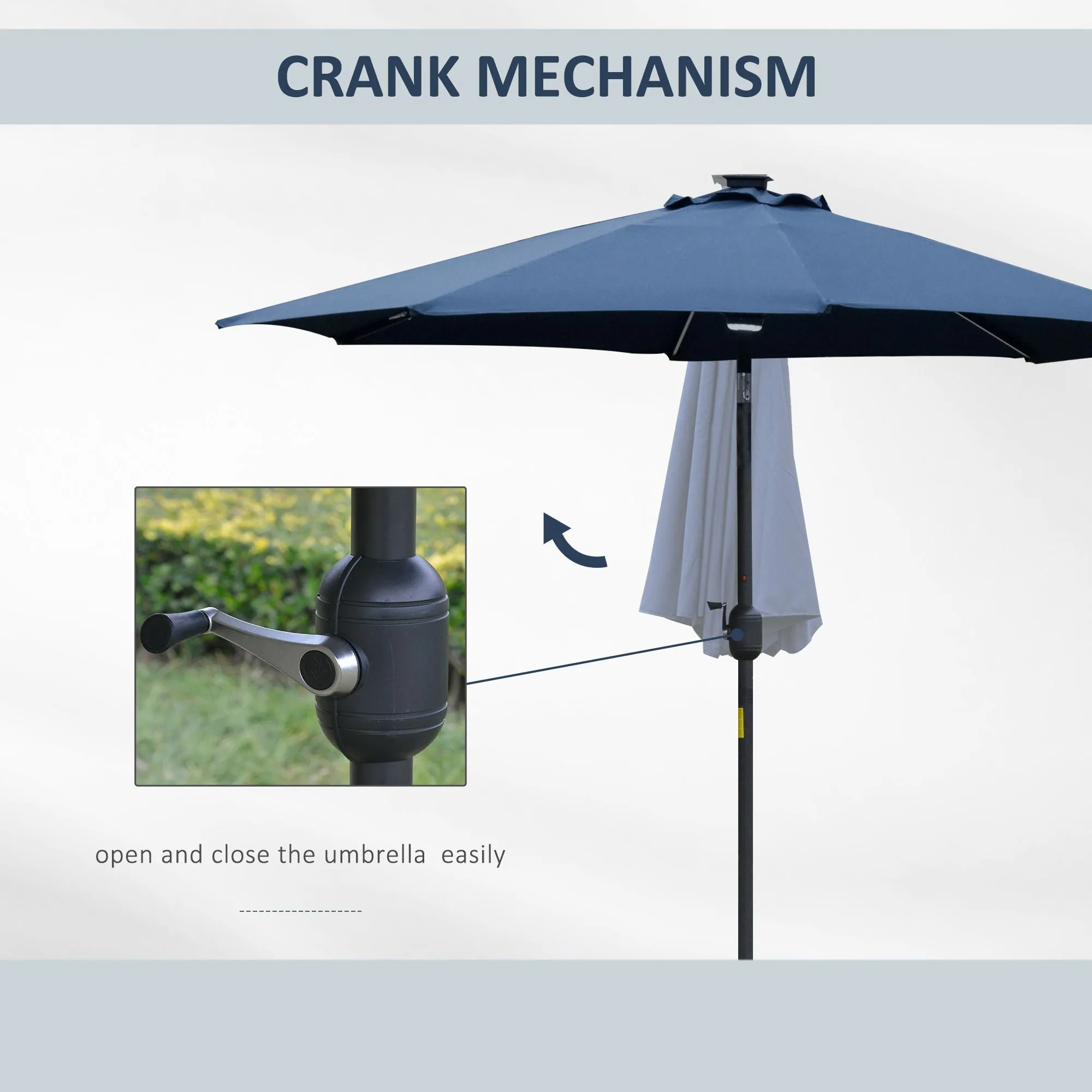 2.7m Garden Parasol Sun Umbrella Patio Summer Shelter w/ LED Solar Light, Angled Canopy, Vent, Crank Tilt, Blue