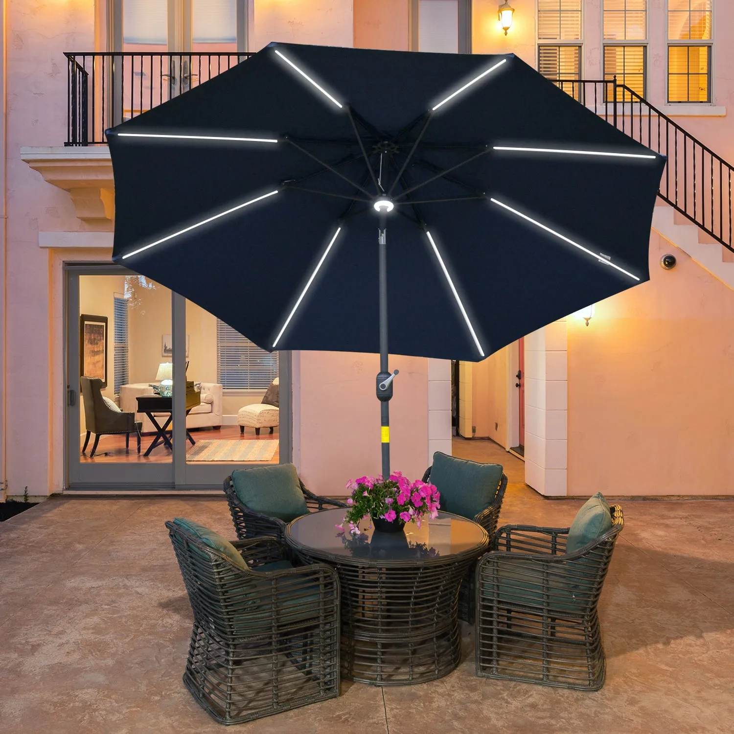 2.7m Garden Parasol Sun Umbrella Patio Summer Shelter w/ LED Solar Light, Angled Canopy, Vent, Crank Tilt, Blue