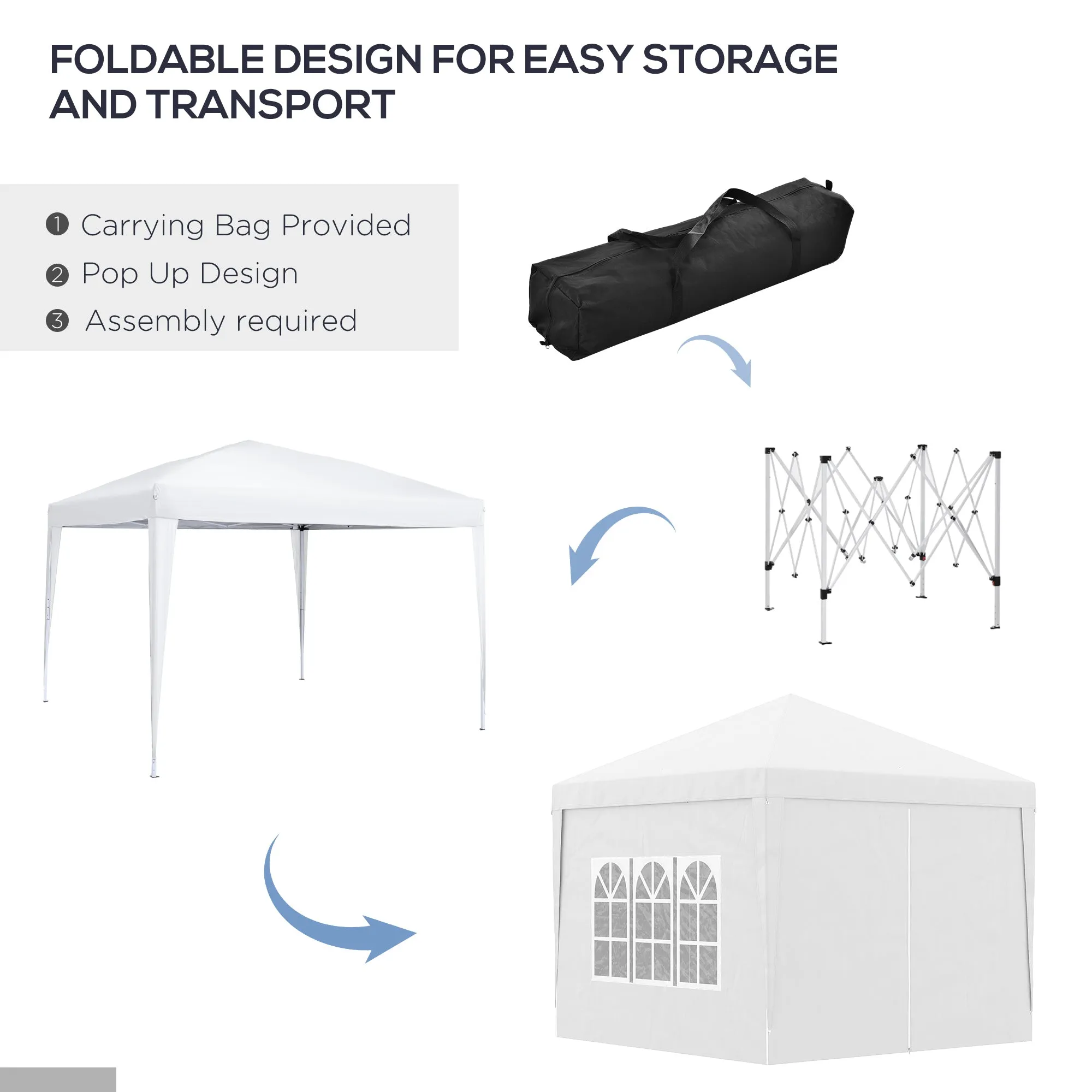 3 x 3m Pop Up Gazebo, Wedding Party Canopy Tent Marquee with Carry Bag and Windows, White