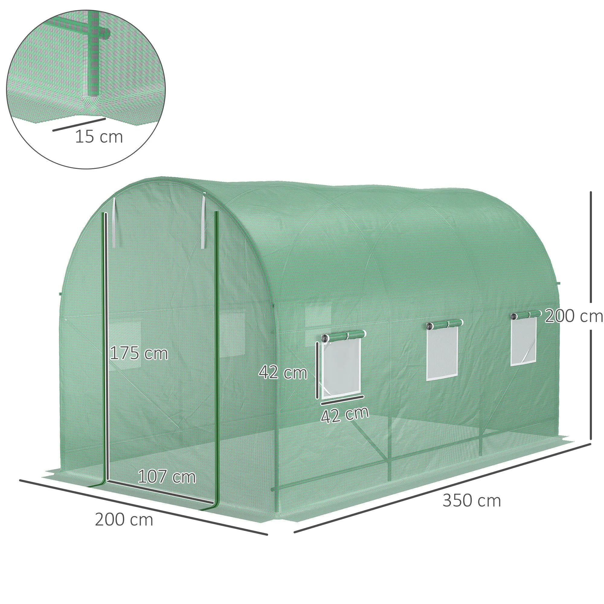 3.5 x 2 x 2 m Polytunnel Greenhouse, Walk in Pollytunnel Tent with Steel Frame, PE Cover, Roll Up Door and 6 Windows, Green