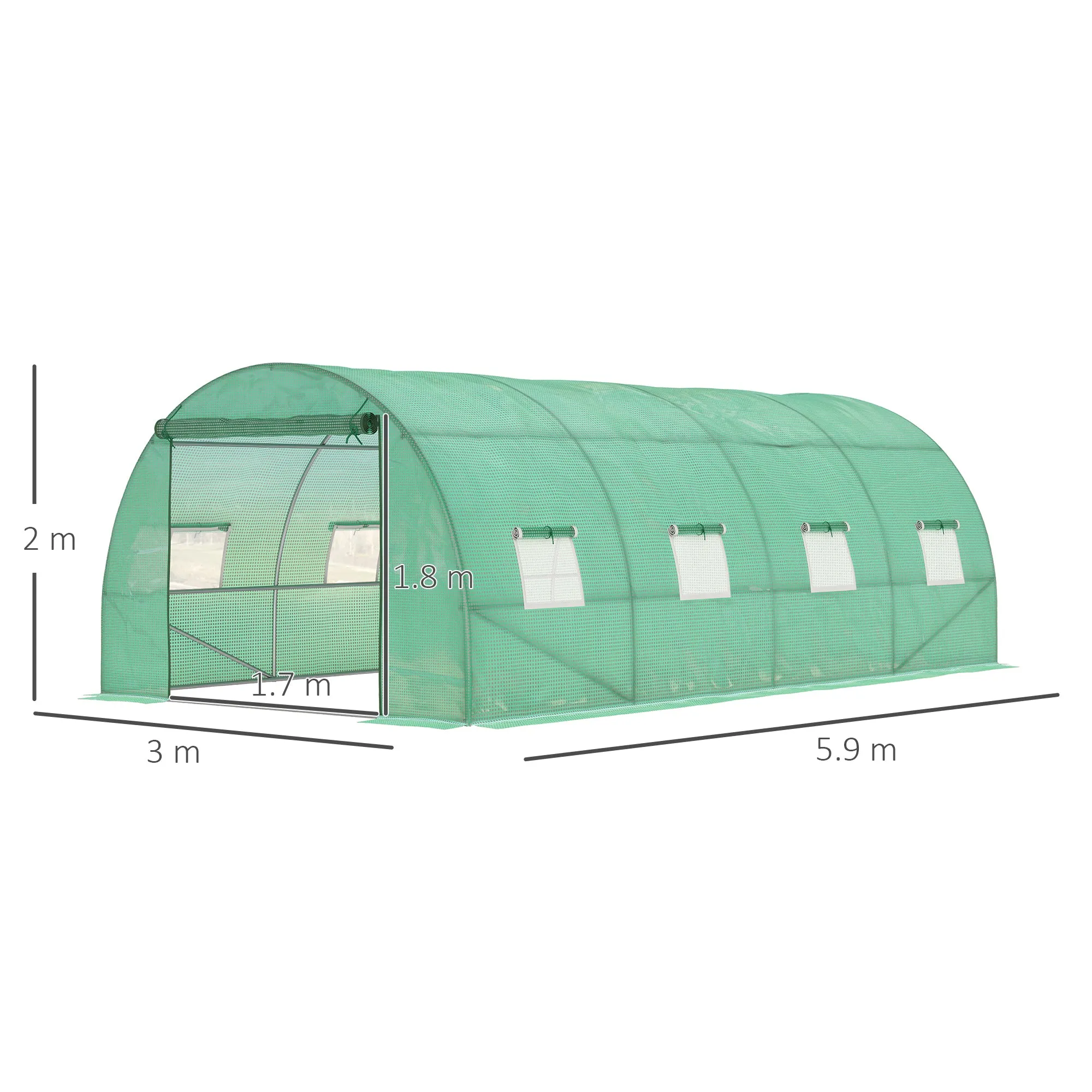 6 x 3 m Large Walk-In Greenhouse Garden Polytunnel Greenhouse with Steel Frame, Zippered Door and Roll Up Windows, Green