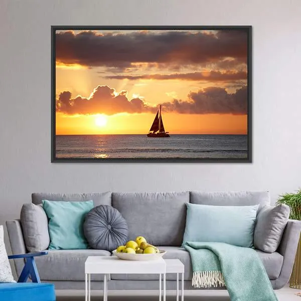 Boat In Ocean At Sunset Canvas Wall Art