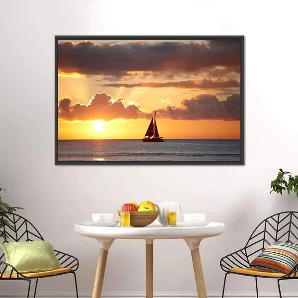 Boat In Ocean At Sunset Canvas Wall Art