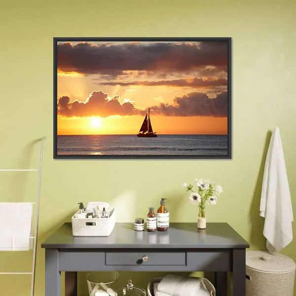 Boat In Ocean At Sunset Canvas Wall Art