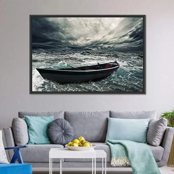 Boat In Stormy Sea Canvas Wall Art