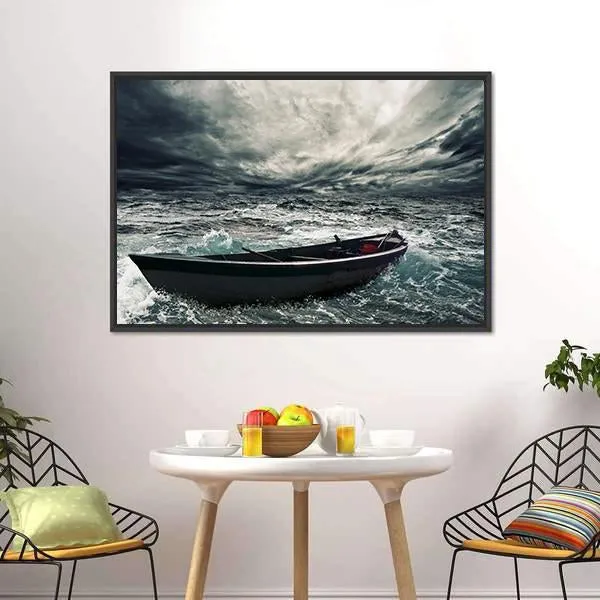 Boat In Stormy Sea Canvas Wall Art