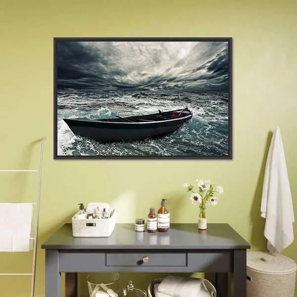 Boat In Stormy Sea Canvas Wall Art