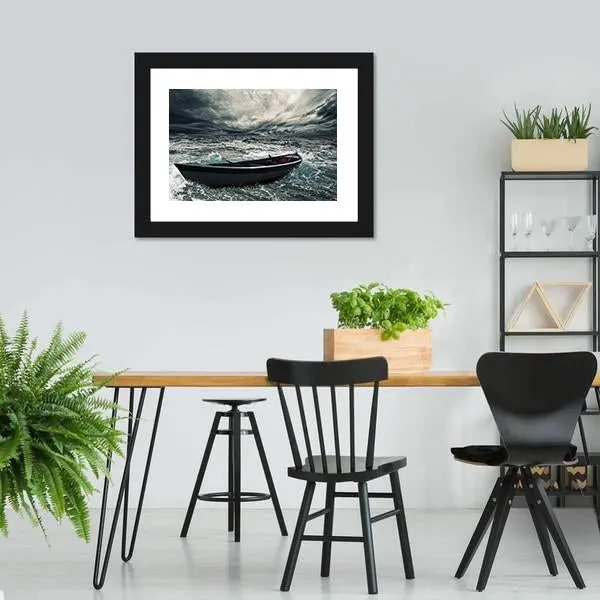 Boat In Stormy Sea Canvas Wall Art