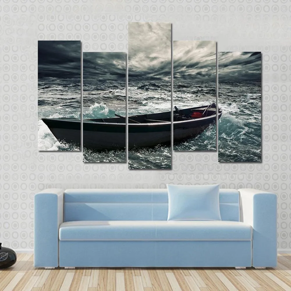 Boat In Stormy Sea Canvas Wall Art