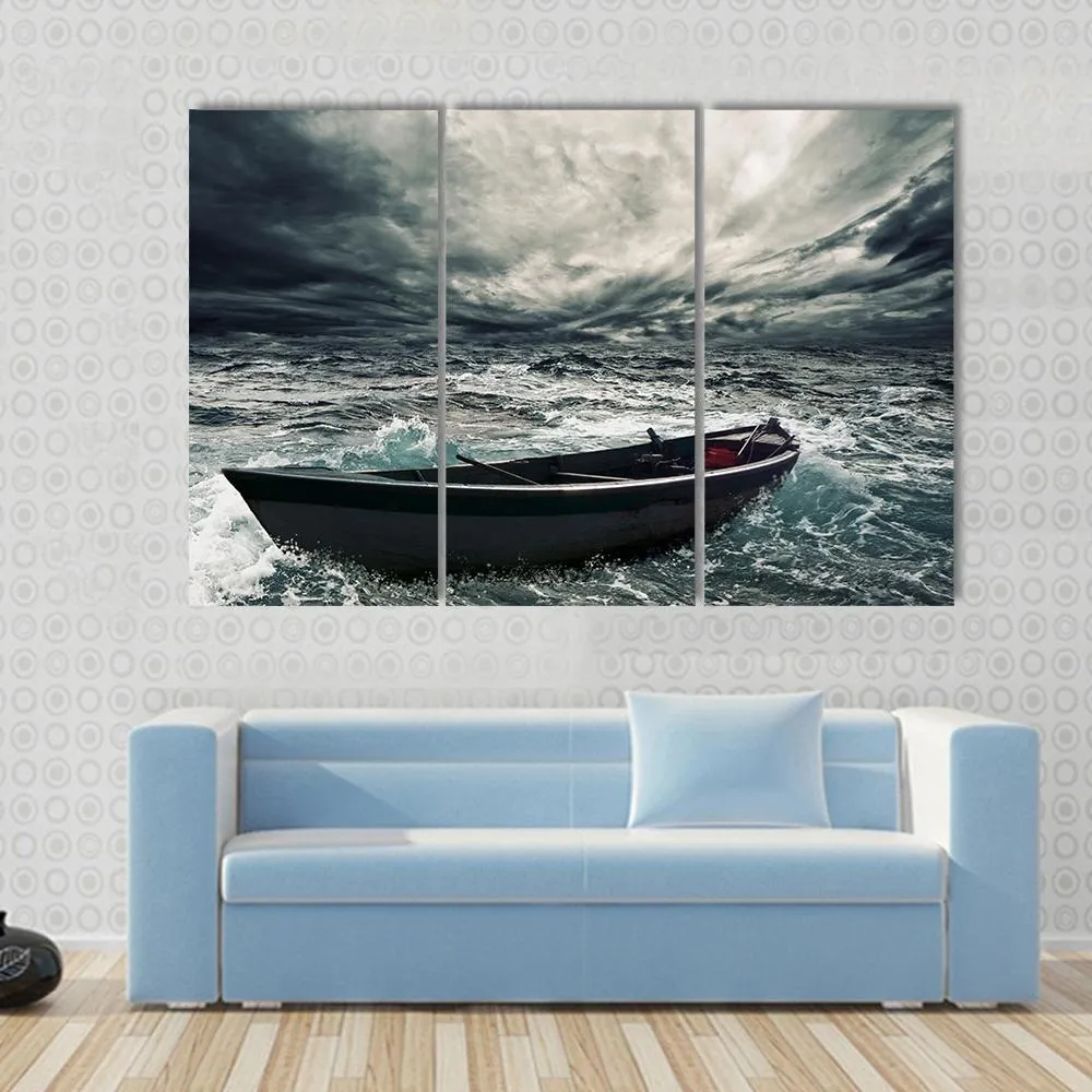 Boat In Stormy Sea Canvas Wall Art