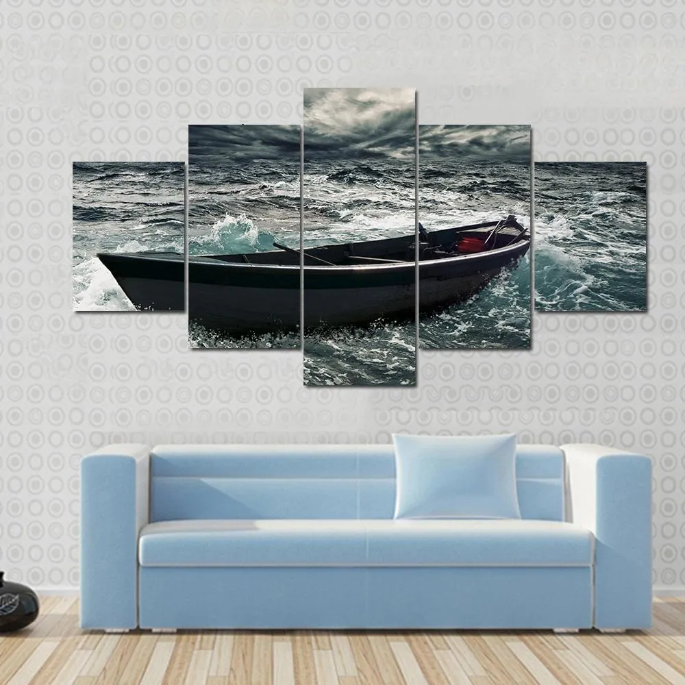 Boat In Stormy Sea Canvas Wall Art