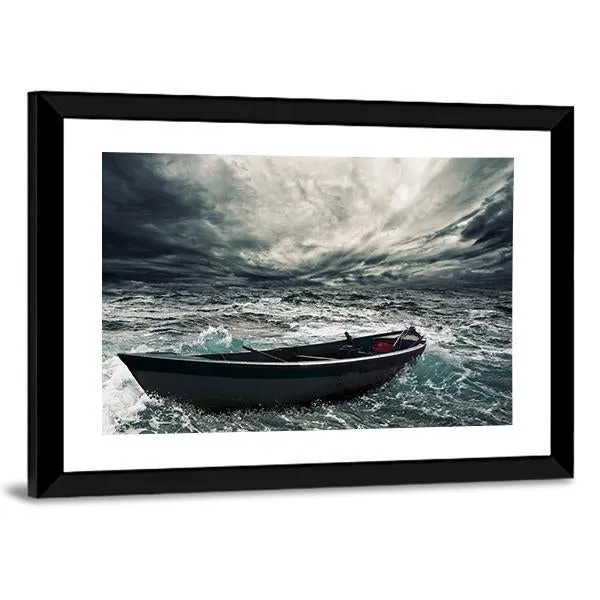 Boat In Stormy Sea Canvas Wall Art