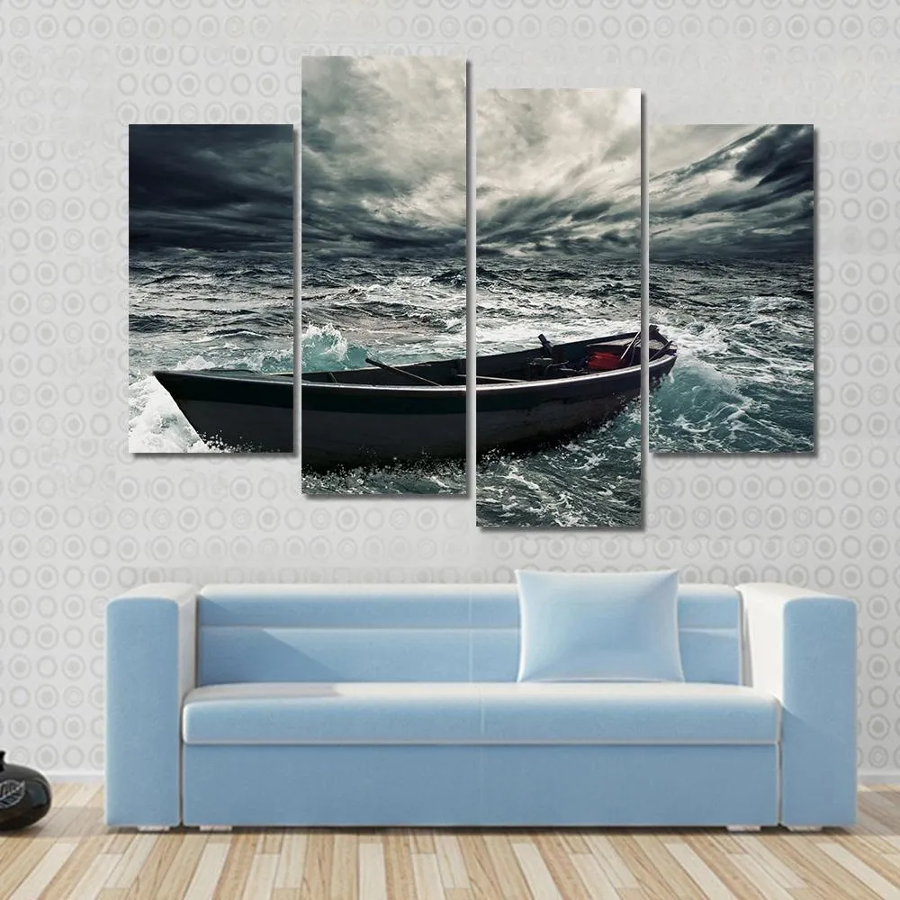 Boat In Stormy Sea Canvas Wall Art