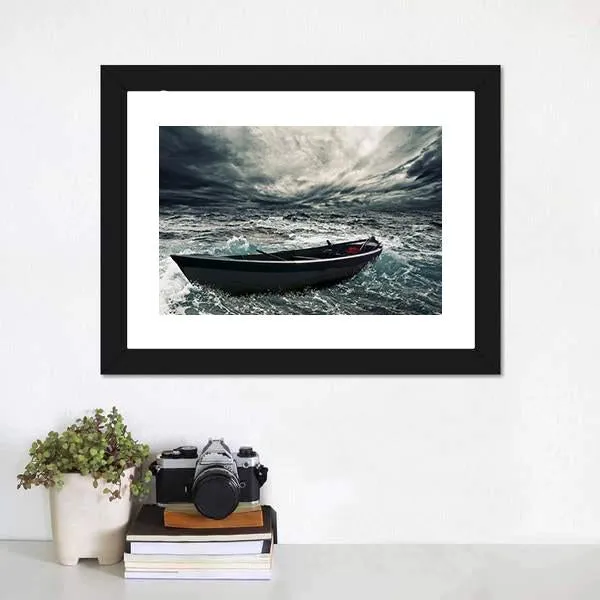 Boat In Stormy Sea Canvas Wall Art