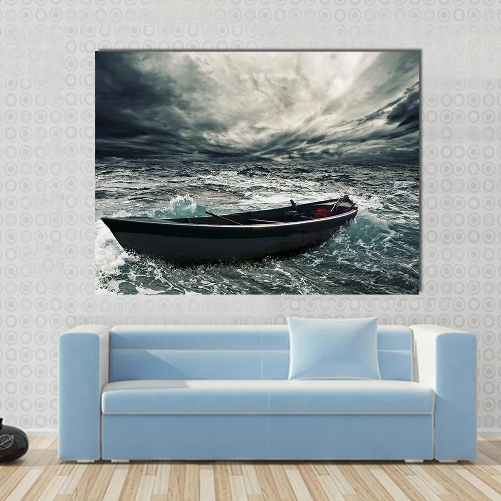 Boat In Stormy Sea Canvas Wall Art