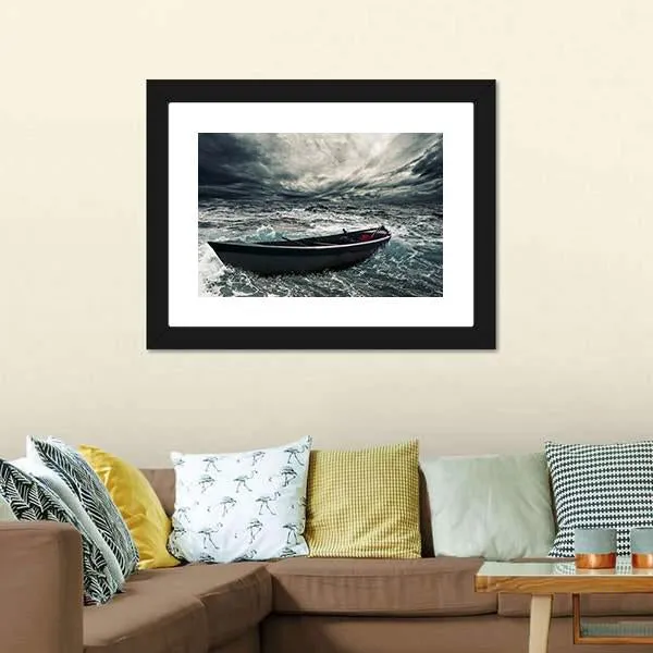 Boat In Stormy Sea Canvas Wall Art