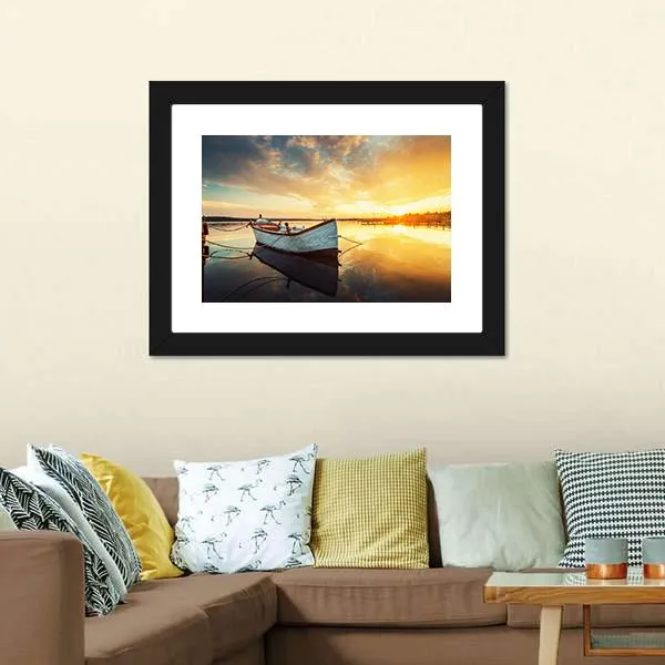 Boat On Lake At Sunset Canvas Wall Art