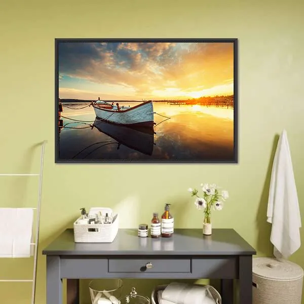 Boat On Lake At Sunset Canvas Wall Art