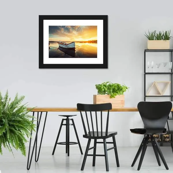 Boat On Lake At Sunset Canvas Wall Art