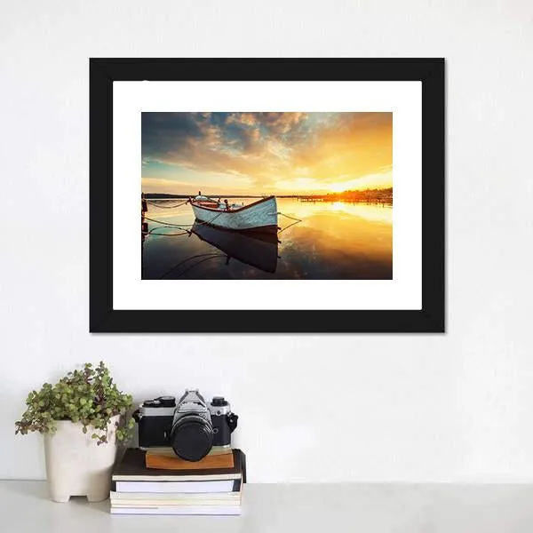 Boat On Lake At Sunset Canvas Wall Art