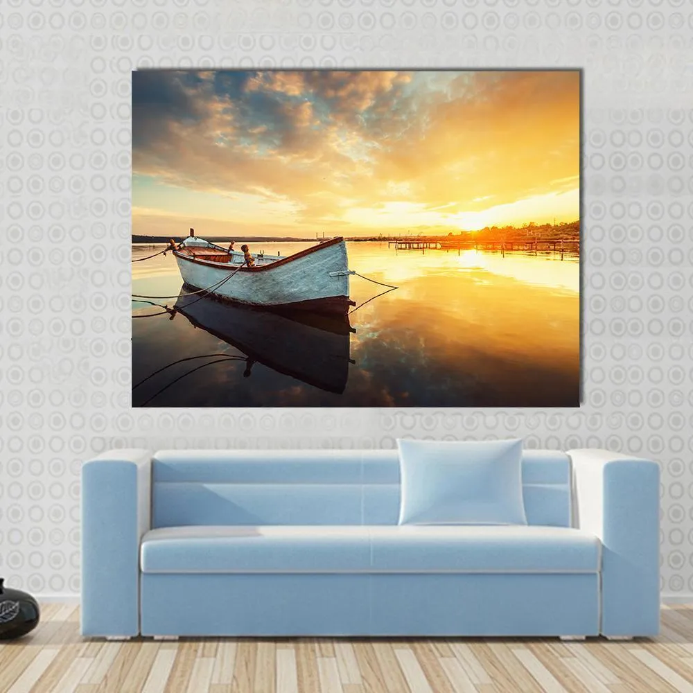 Boat On Lake At Sunset Canvas Wall Art