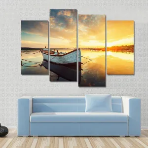 Boat On Lake At Sunset Canvas Wall Art