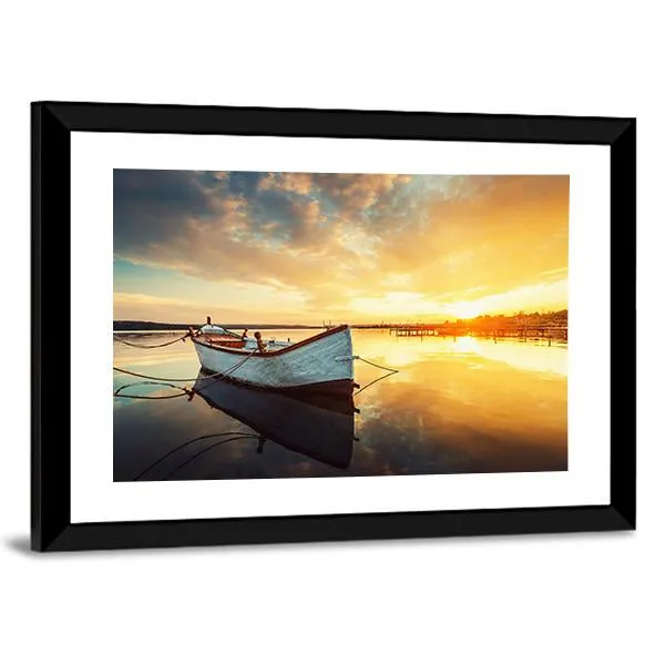 Boat On Lake At Sunset Canvas Wall Art