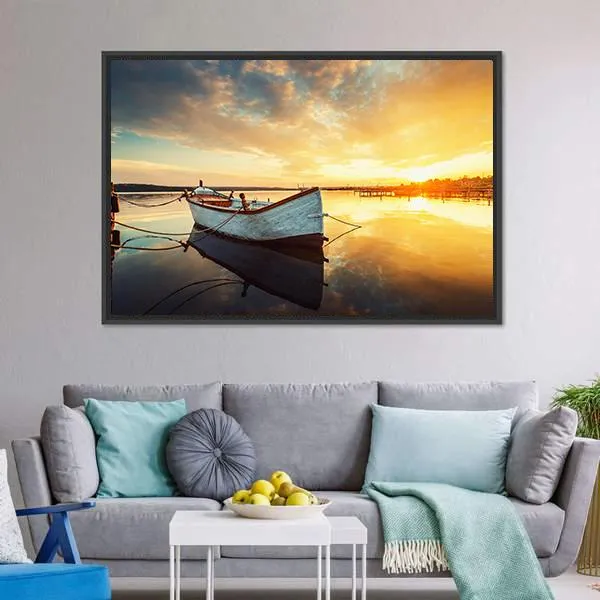 Boat On Lake At Sunset Canvas Wall Art