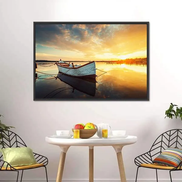 Boat On Lake At Sunset Canvas Wall Art