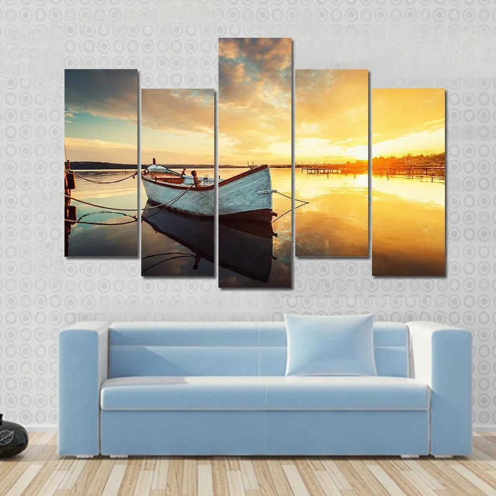 Boat On Lake At Sunset Canvas Wall Art