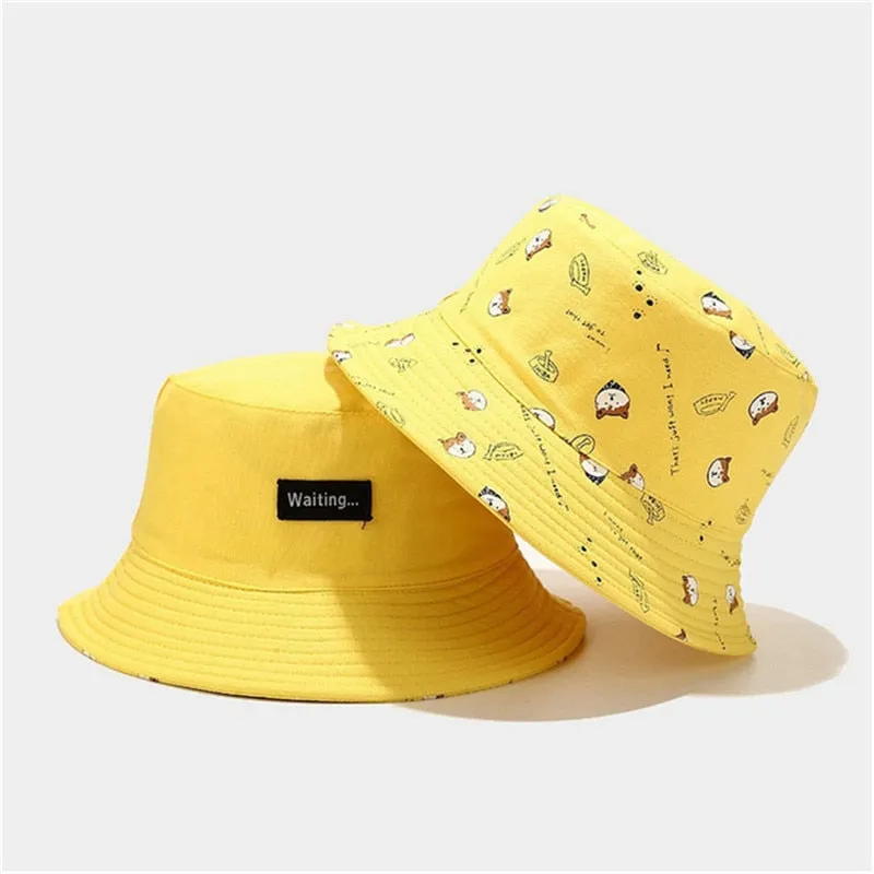 Cotton Double sided cartoon dog print Bucket Hat Fisherman Hat outdoor travel hat Sun Cap hats for Men and Women