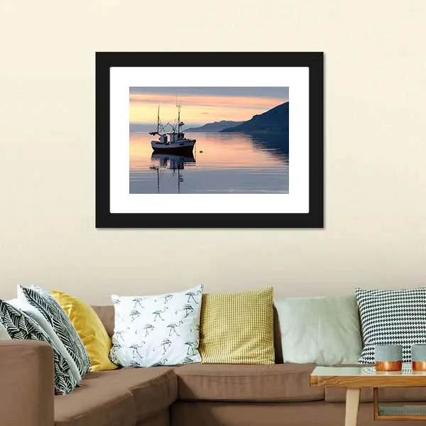 Fishing Boat Lies At Sundown Canvas Wall Art