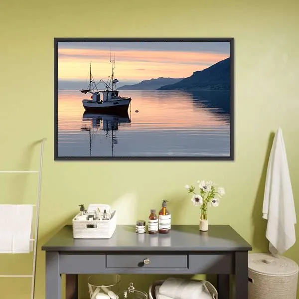 Fishing Boat Lies At Sundown Canvas Wall Art