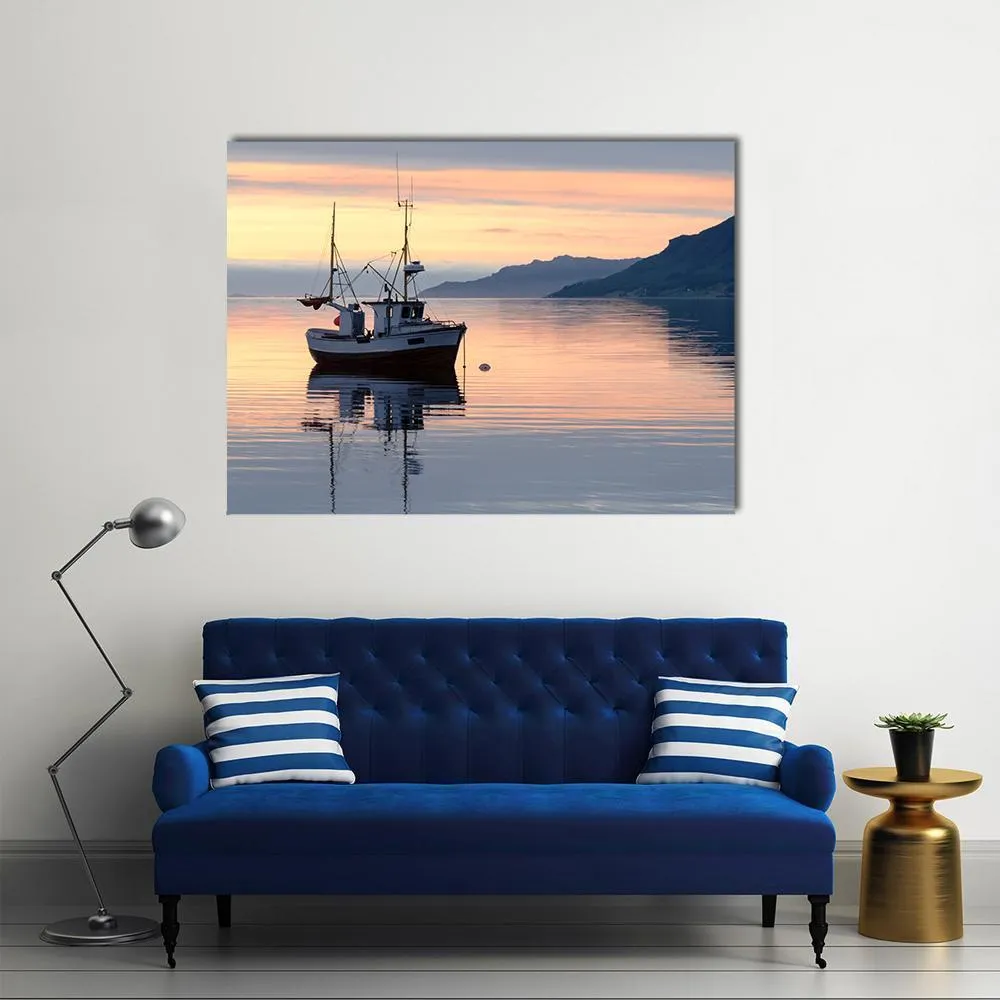 Fishing Boat Lies At Sundown Canvas Wall Art