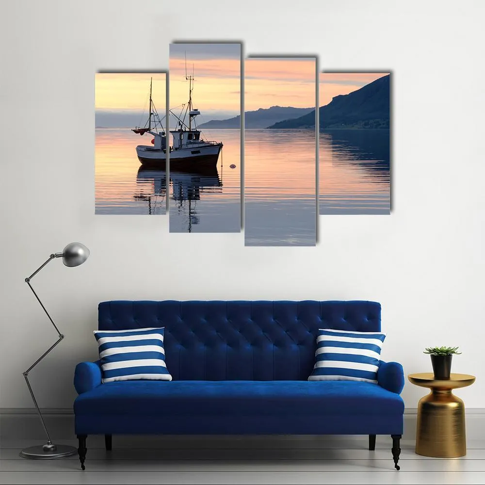 Fishing Boat Lies At Sundown Canvas Wall Art