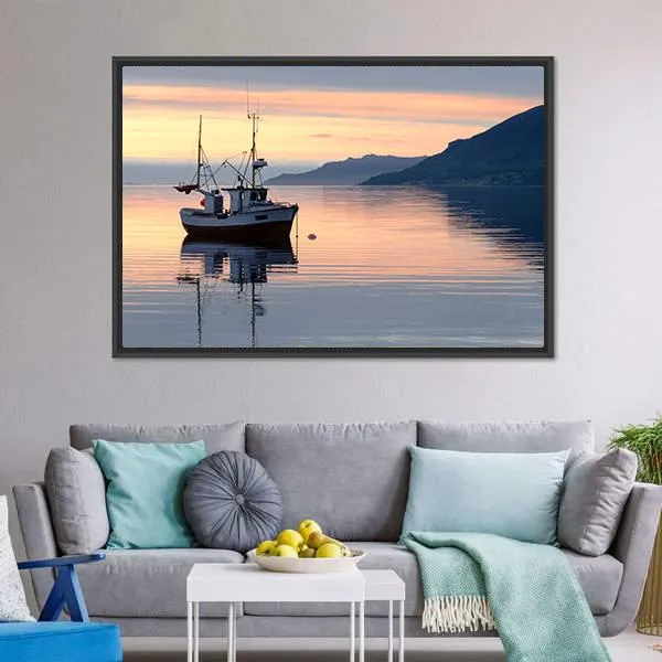 Fishing Boat Lies At Sundown Canvas Wall Art