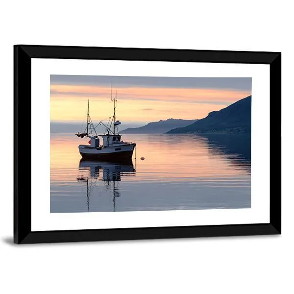 Fishing Boat Lies At Sundown Canvas Wall Art