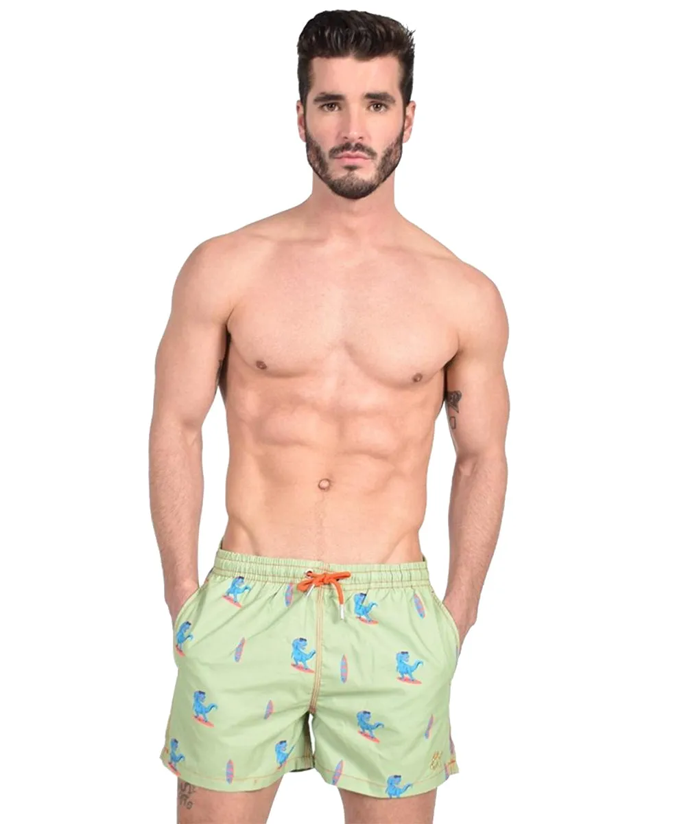 Green Surfing T-Rex Swim Trunks by EightX