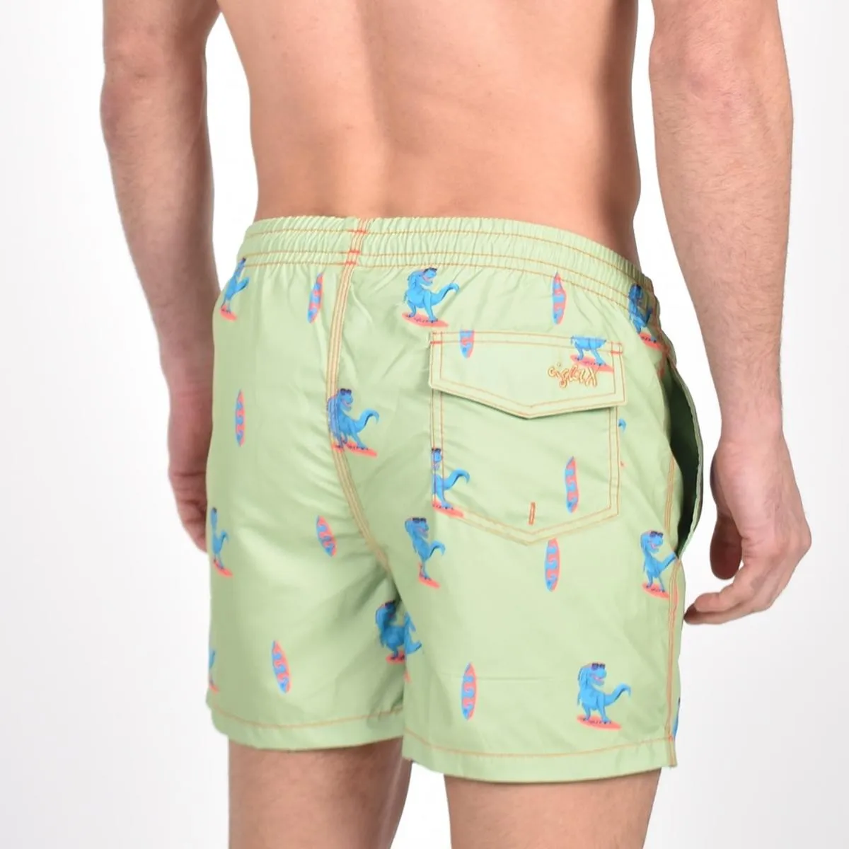 Green Surfing T-Rex Swim Trunks by EightX