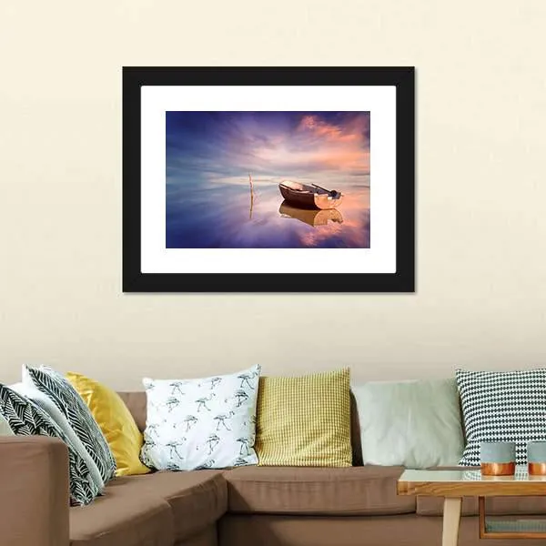 Lonely Boat With Sunset Canvas Wall Art