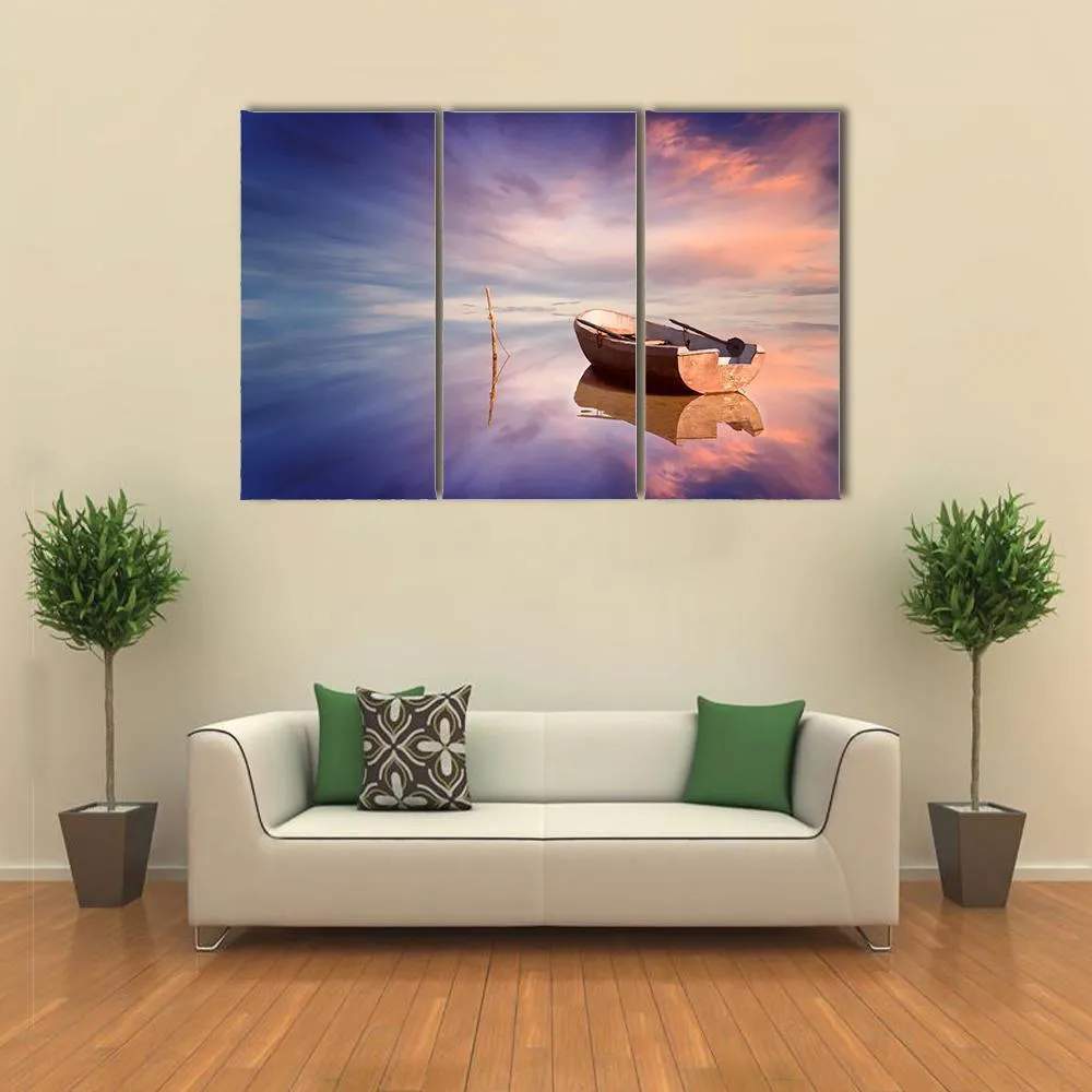 Lonely Boat With Sunset Canvas Wall Art