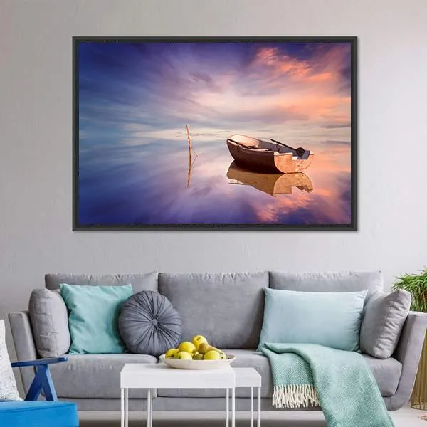 Lonely Boat With Sunset Canvas Wall Art