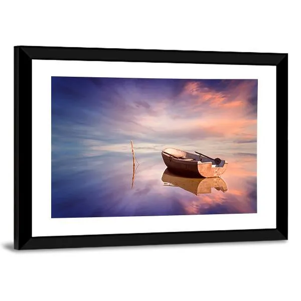 Lonely Boat With Sunset Canvas Wall Art