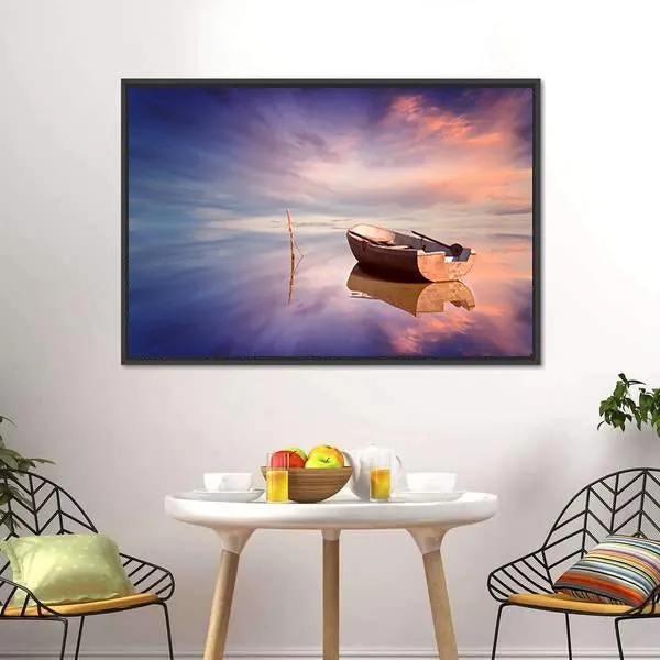 Lonely Boat With Sunset Canvas Wall Art