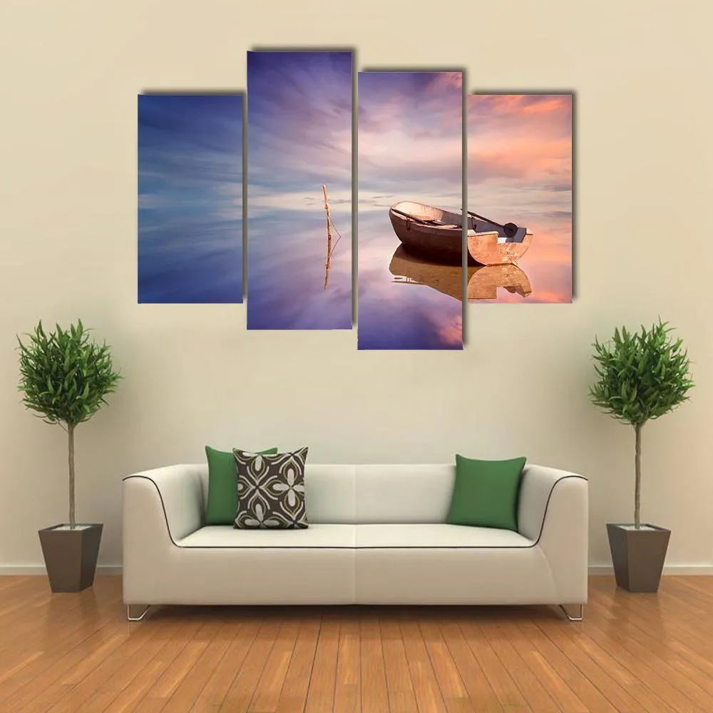 Lonely Boat With Sunset Canvas Wall Art