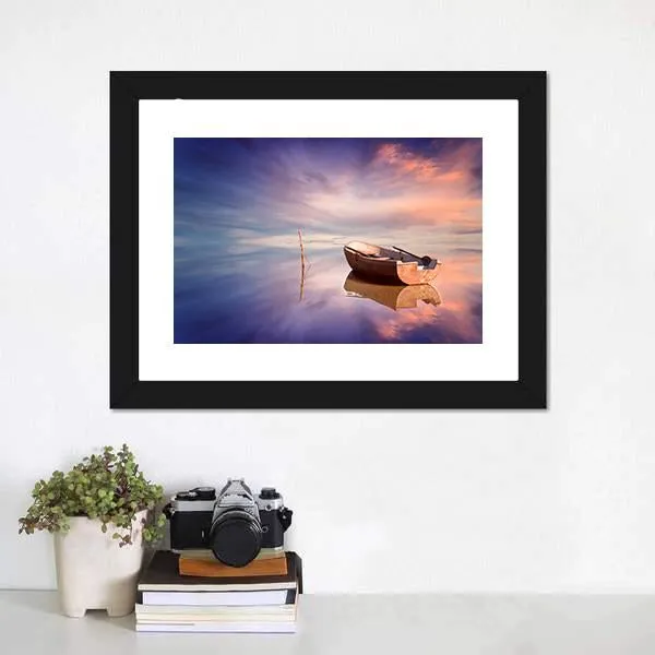 Lonely Boat With Sunset Canvas Wall Art