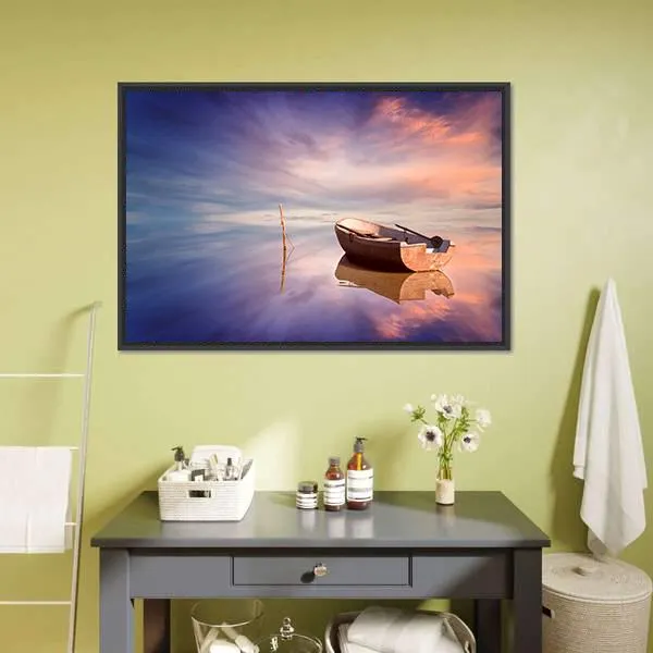 Lonely Boat With Sunset Canvas Wall Art