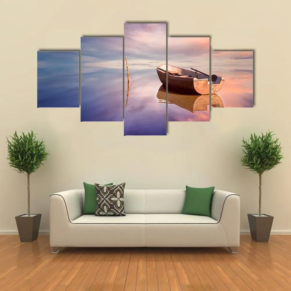 Lonely Boat With Sunset Canvas Wall Art