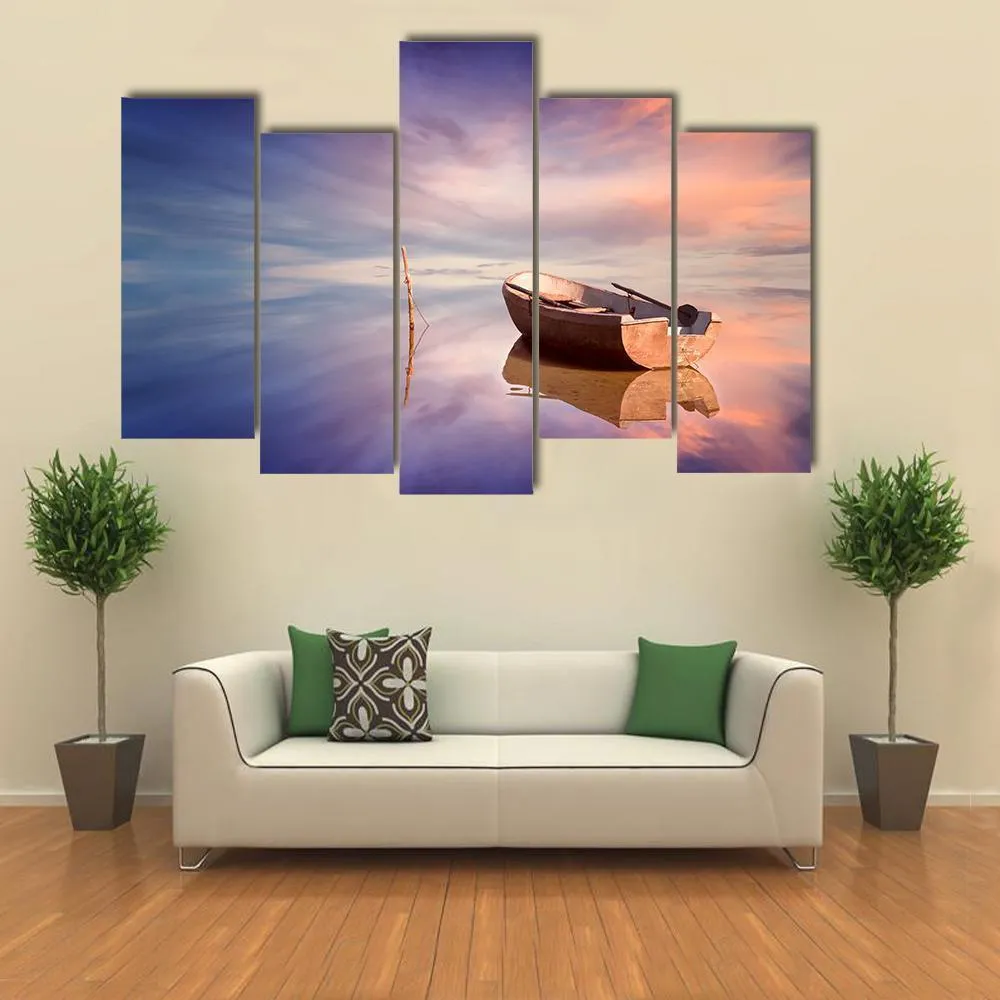 Lonely Boat With Sunset Canvas Wall Art