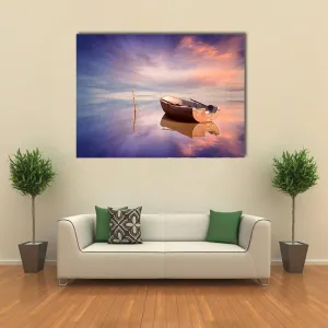 Lonely Boat With Sunset Canvas Wall Art